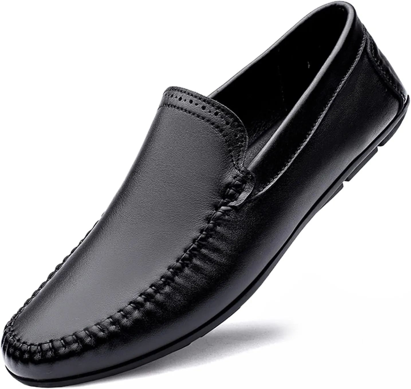 HOOENG Shoes Smoking Loafer for Men Cowhide Stitching Details Round Toe Resistant Flexible Lightweight Walking Slip On (Color : Black, Size : 7)