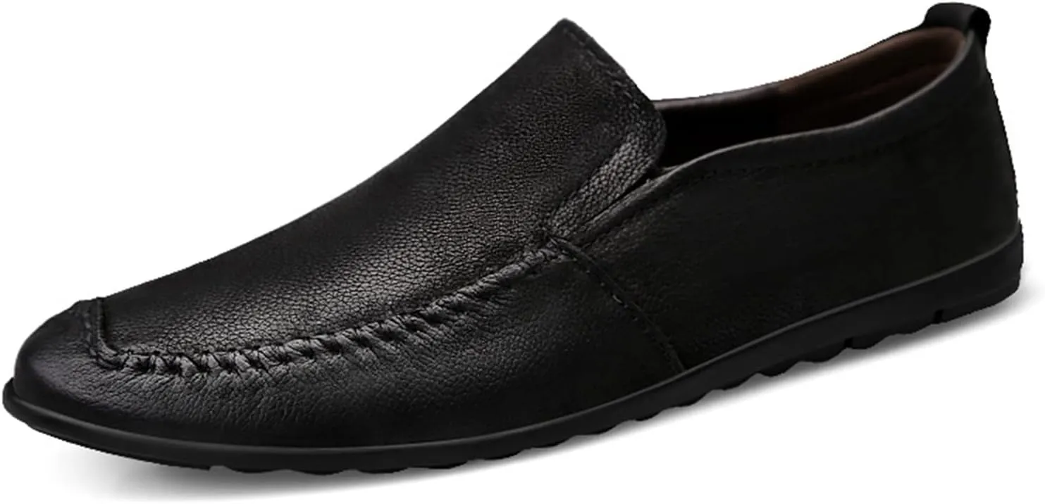 HOOENG Smoking Loafer for Men Genuine Leather Stitching Details Round Toe Lightweight Anti-Slip Resistant Flexible Flat Heel Casual Slip On (Color : Black, Size : 6.5)