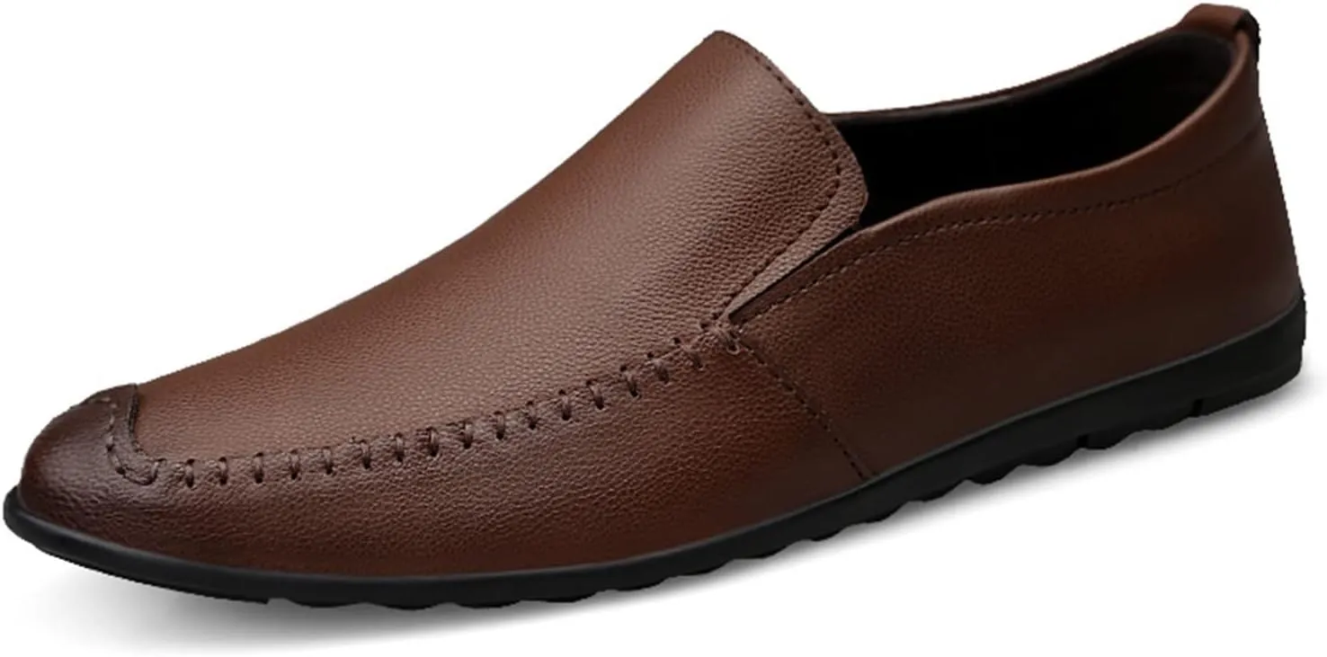 HOOENG Smoking Loafer for Men Genuine Leather Stitching Details Round Toe Lightweight Anti-Slip Resistant Flexible Flat Heel Casual Slip On (Color : Brown, Size : 9)