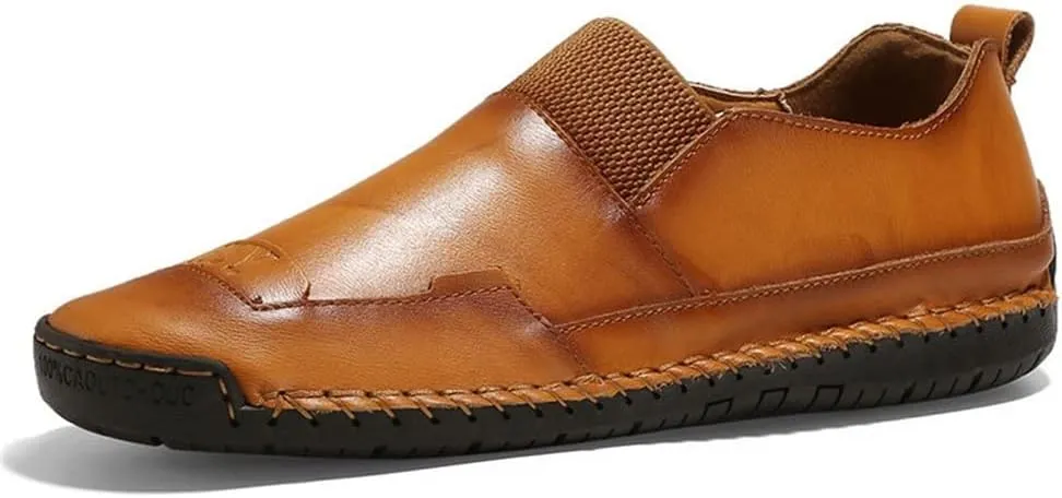 HOOENG Smoking Loafer Shoes for Men Genuine Leather Round Toe Stitching Details Rubber Sole Resistant Anti-Slip Flexible Casual Slip on (Color : Yellow, Size : 7.5)