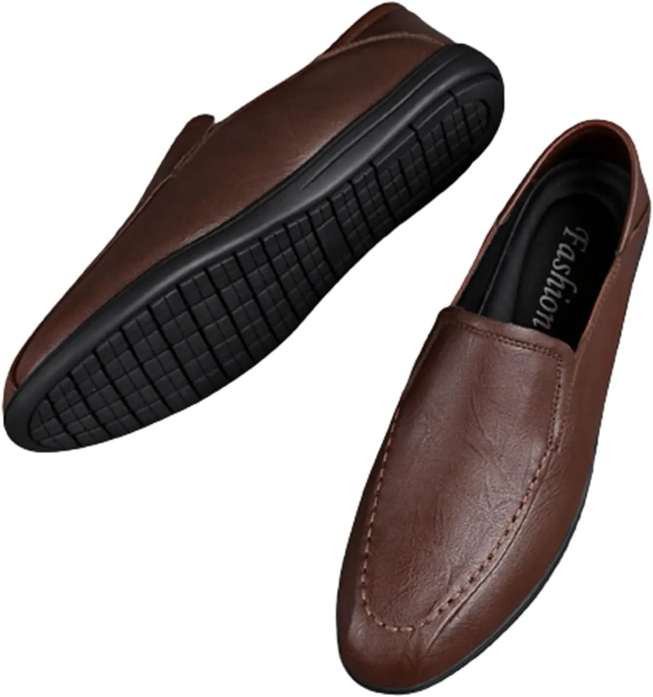 HOOENG Smoking Loafer Shoes for Men Vegan Leather Round Toe Breathable Lightweight Flexible Flat Heel Anti-Slip Casual Slip on (Color : Brown, Size : 10)