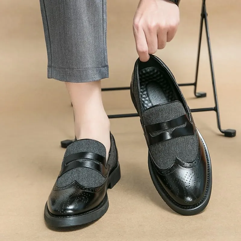Italian Men's Casual Business Shoes, Fashion Thick Bottom Formal Dress Loafers, Luxury Slip-On Patchwork Leather Shoes for Office and Wedding