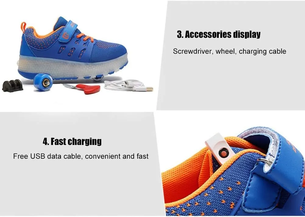 Led Wheel Shoes for Boys for Kids USB Rechargeable Double Roller Skates Flashing Skateboard Shoes for Boys and Girls OutdoorDouble Wheel Blue-USA 12