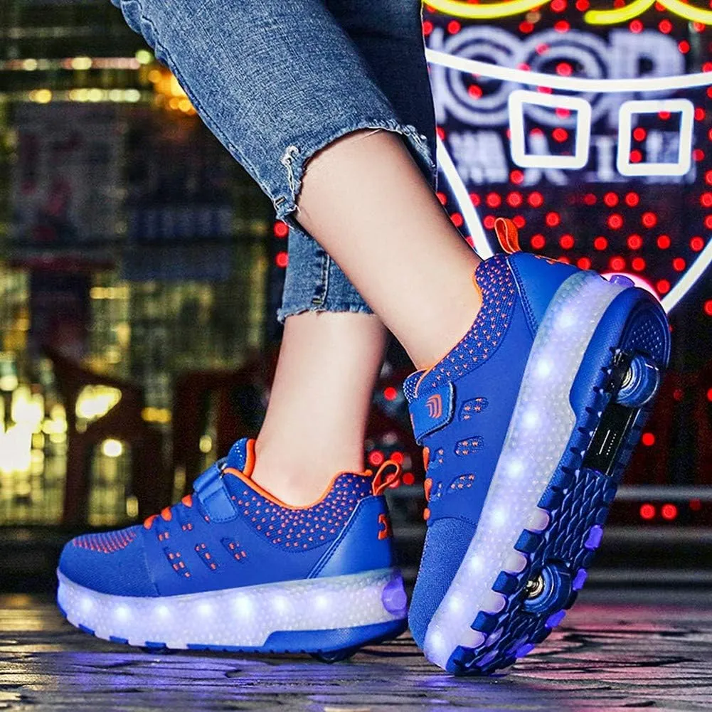 Led Wheel Shoes for Boys for Kids USB Rechargeable Double Roller Skates Flashing Skateboard Shoes for Boys and Girls OutdoorDouble Wheel Blue-USA 12