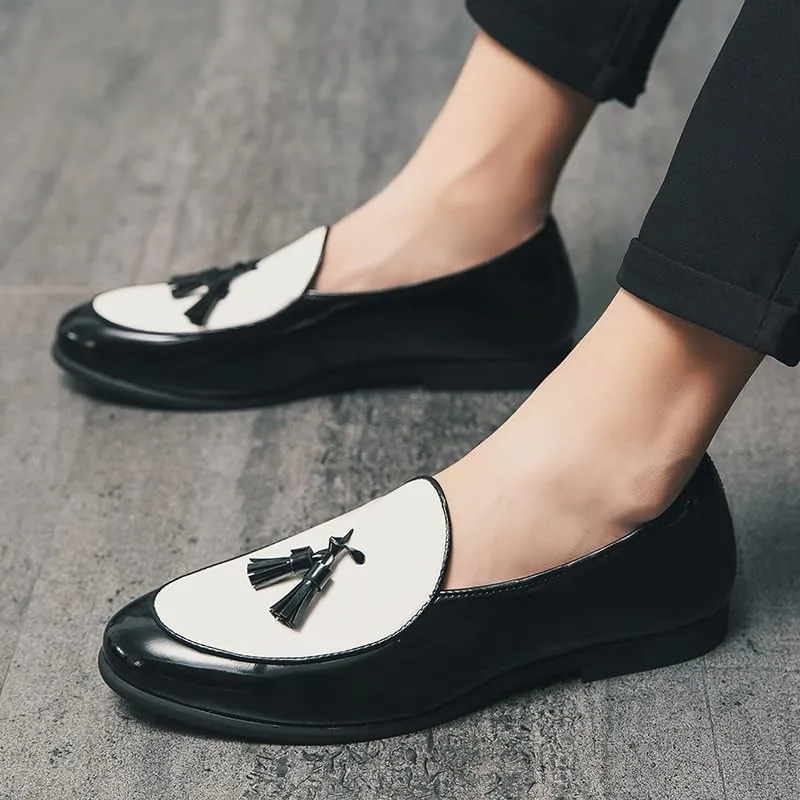 Men??s Casual Slip-On Shoes with Tassel, Two-Tone Leather Loafers, Business & Fashion All-Match Flats for Outdoor Driving