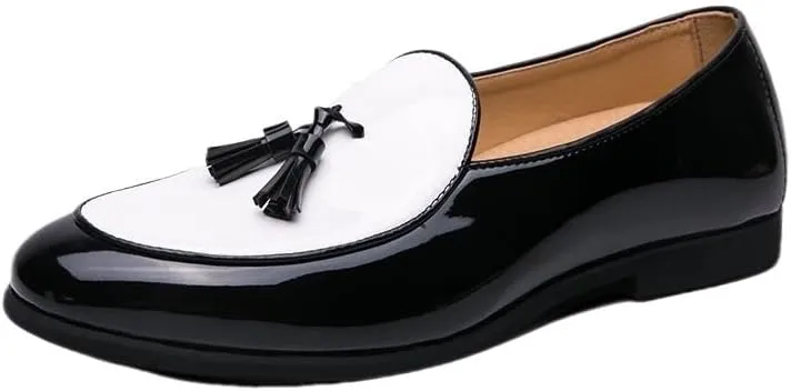 Men??s Casual Slip-On Shoes with Tassel, Two-Tone Leather Loafers, Business & Fashion All-Match Flats for Outdoor Driving