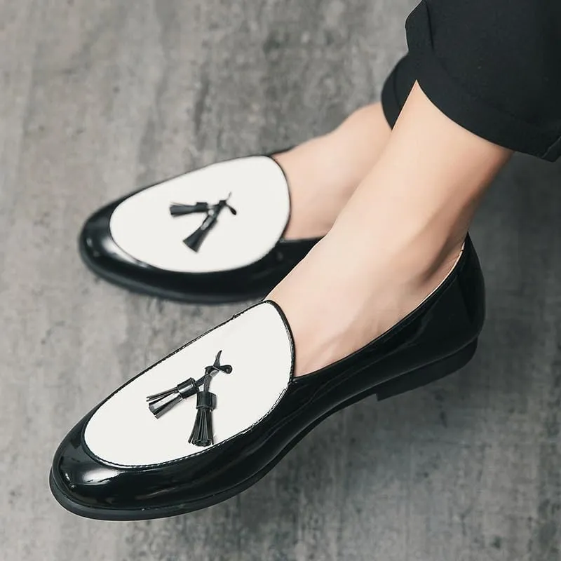 Men??s Casual Slip-On Shoes with Tassel, Two-Tone Leather Loafers, Business & Fashion All-Match Flats for Outdoor Driving