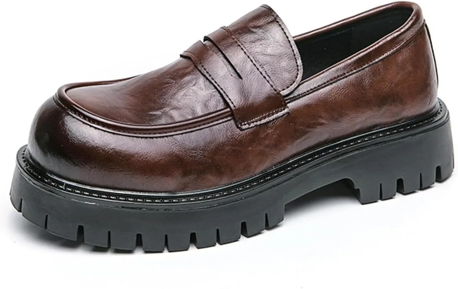 Men's Comfortable Soft Leather Platform Chunky Loafers Fashion Business Casual Formal Work Shoes Retro Round Toe Anti-Slip Lug Sole Slip-On Penny Loafers for Men