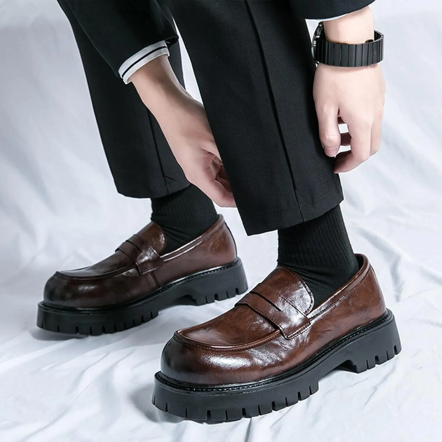 Men's Comfortable Soft Leather Platform Chunky Loafers Fashion Business Casual Formal Work Shoes Retro Round Toe Anti-Slip Lug Sole Slip-On Penny Loafers for Men