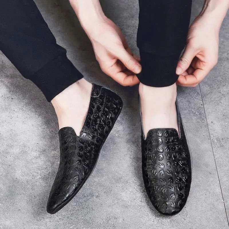 Men's Genuine Leather Dress Shoes, Casual Loafers for Banquet and Outdoor Walking, Black Slip-On Driving Flats