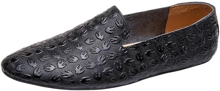 Men's Genuine Leather Dress Shoes, Casual Loafers for Banquet and Outdoor Walking, Black Slip-On Driving Flats