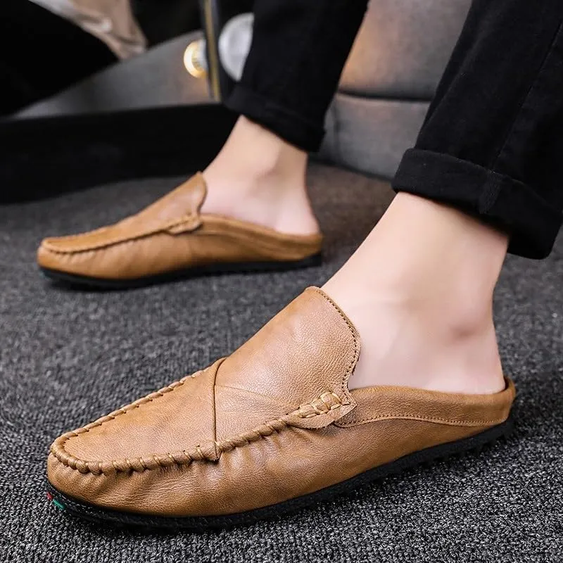 Men's Loafers Shoes Solid Color Round Toe Vegan Leather Half Loafers Shoes Flexible Comfortable Flat Heel Prom Slip On