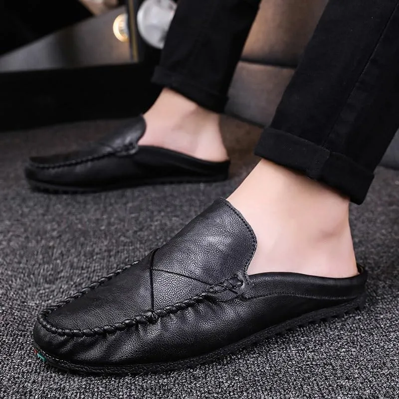 Men's Loafers Shoes Solid Color Round Toe Vegan Leather Half Loafers Shoes Flexible Comfortable Flat Heel Prom Slip On