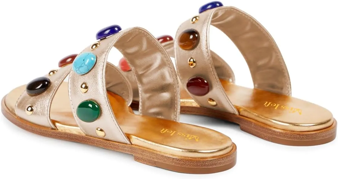 miss left Women Jewelled Two Straps Open Toe Flat Slide Sandals Soft Insole Slip on Summer Casual Indoor Outdoor Slippers Size 4-16 US