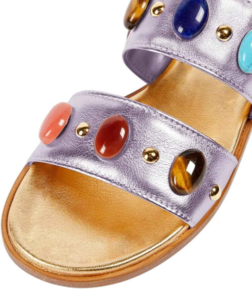 miss left Women Jewelled Two Straps Open Toe Flat Slide Sandals Soft Insole Slip on Summer Casual Indoor Outdoor Slippers Size 4-16 US