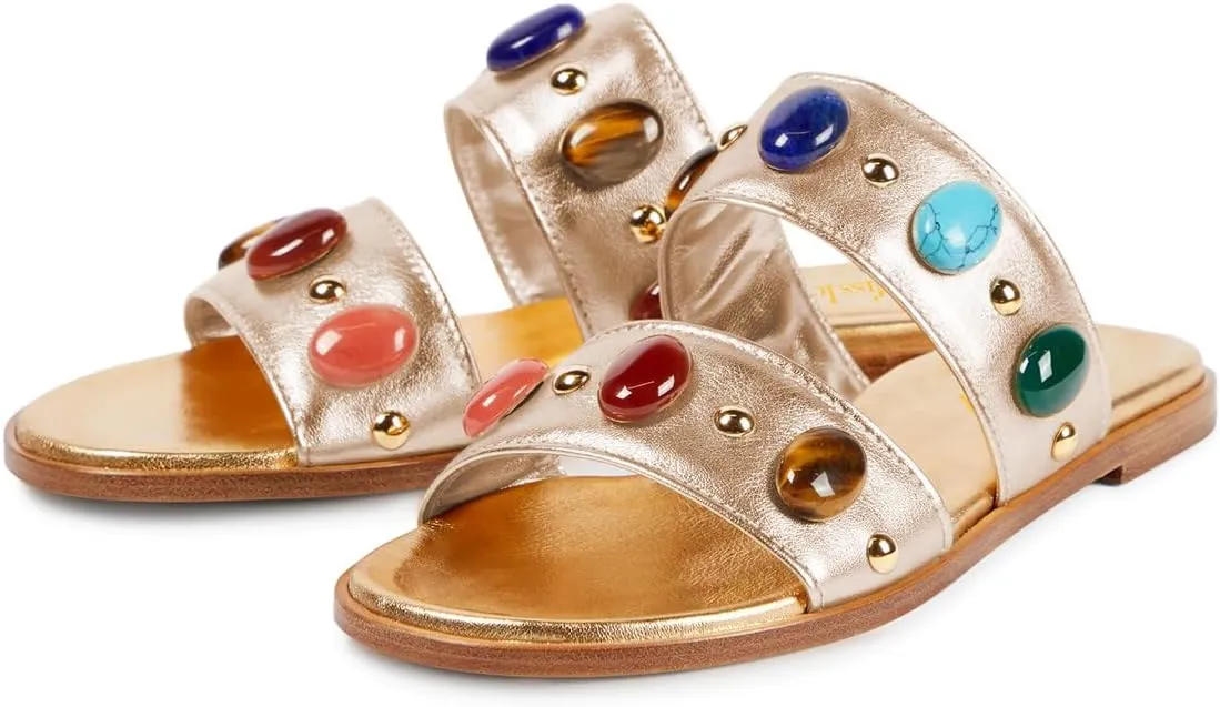 miss left Women Jewelled Two Straps Open Toe Flat Slide Sandals Soft Insole Slip on Summer Casual Indoor Outdoor Slippers Size 4-16 US