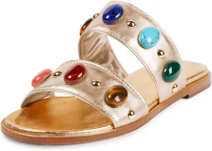 miss left Women Jewelled Two Straps Open Toe Flat Slide Sandals Soft Insole Slip on Summer Casual Indoor Outdoor Slippers Size 4-16 US