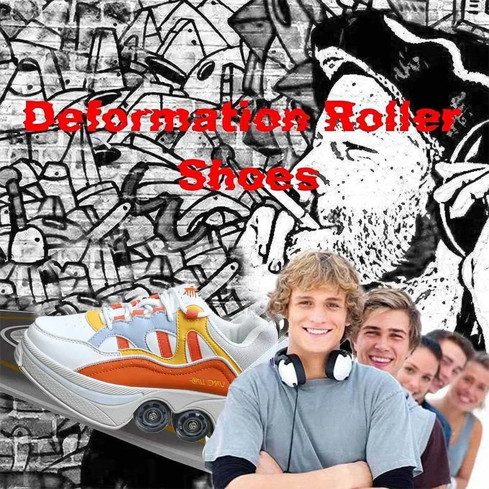 Multifunctional Roller Skates Shoes Automatic Walking Shoes Invisible Pulley Shoes Skates with Double-Row Deform Wheel Outdoor Parkour Shoes for Girls Boys