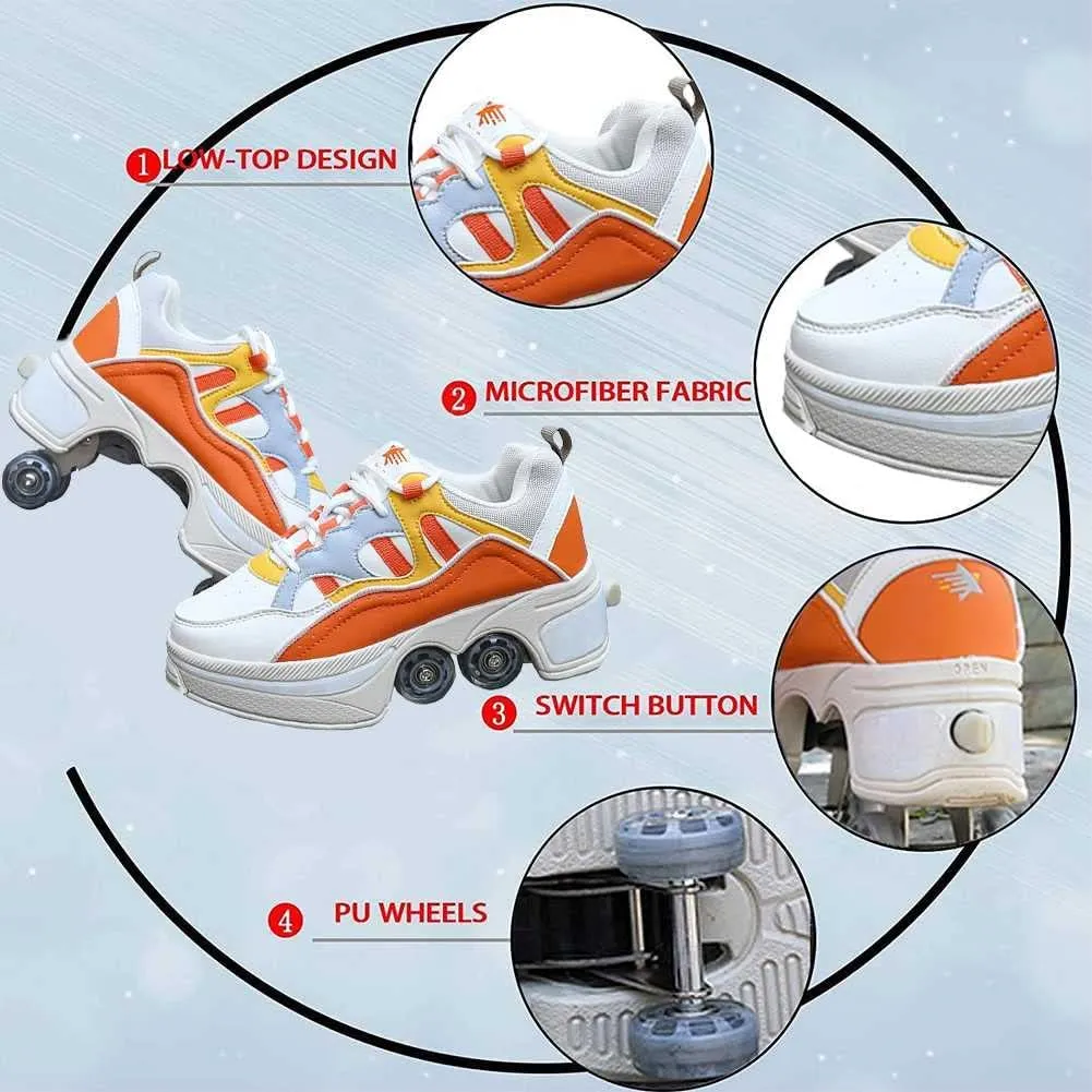 Multifunctional Roller Skates Shoes Automatic Walking Shoes Invisible Pulley Shoes Skates with Double-Row Deform Wheel Outdoor Parkour Shoes for Girls Boys
