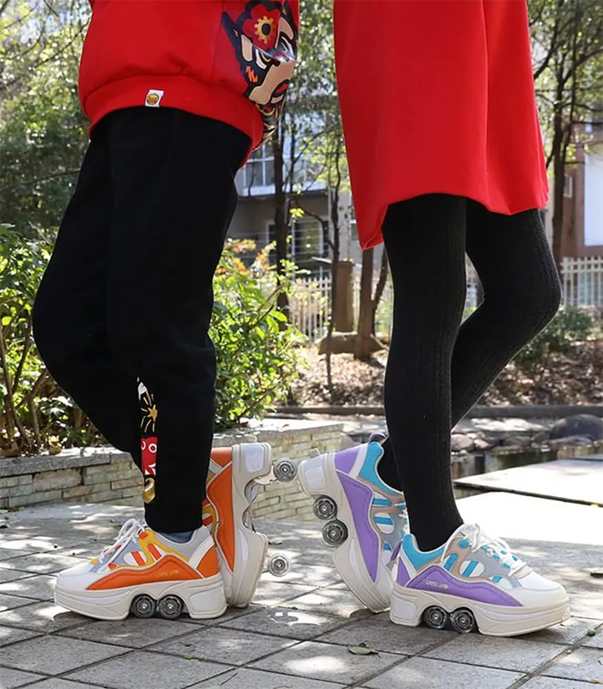 Multifunctional Roller Skates Shoes Automatic Walking Shoes Invisible Pulley Shoes Skates with Double-Row Deform Wheel Outdoor Parkour Shoes for Girls Boys