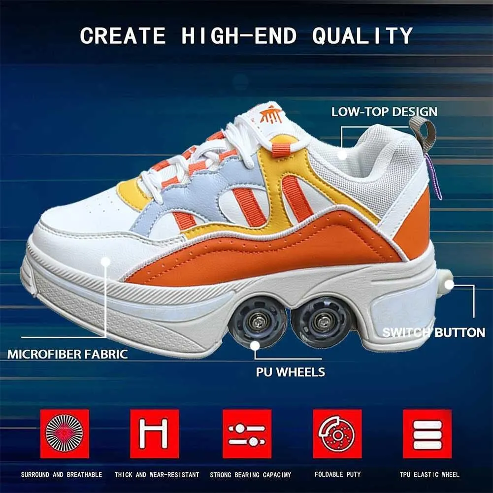 Multifunctional Roller Skates Shoes Automatic Walking Shoes Invisible Pulley Shoes Skates with Double-Row Deform Wheel Outdoor Parkour Shoes for Girls Boys