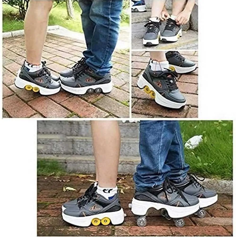 Multifunctional Roller Skates Shoes Automatic Walking Shoes Invisible Pulley Shoes Skates with Double-Row Deform Wheel Outdoor Parkour Shoes for Girls Boys