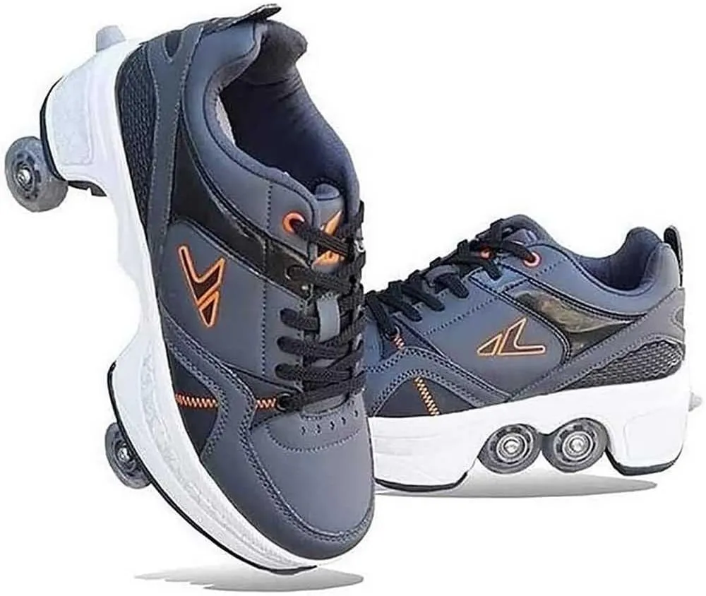 Multifunctional Roller Skates Shoes Automatic Walking Shoes Invisible Pulley Shoes Skates with Double-Row Deform Wheel Outdoor Parkour Shoes for Girls Boys