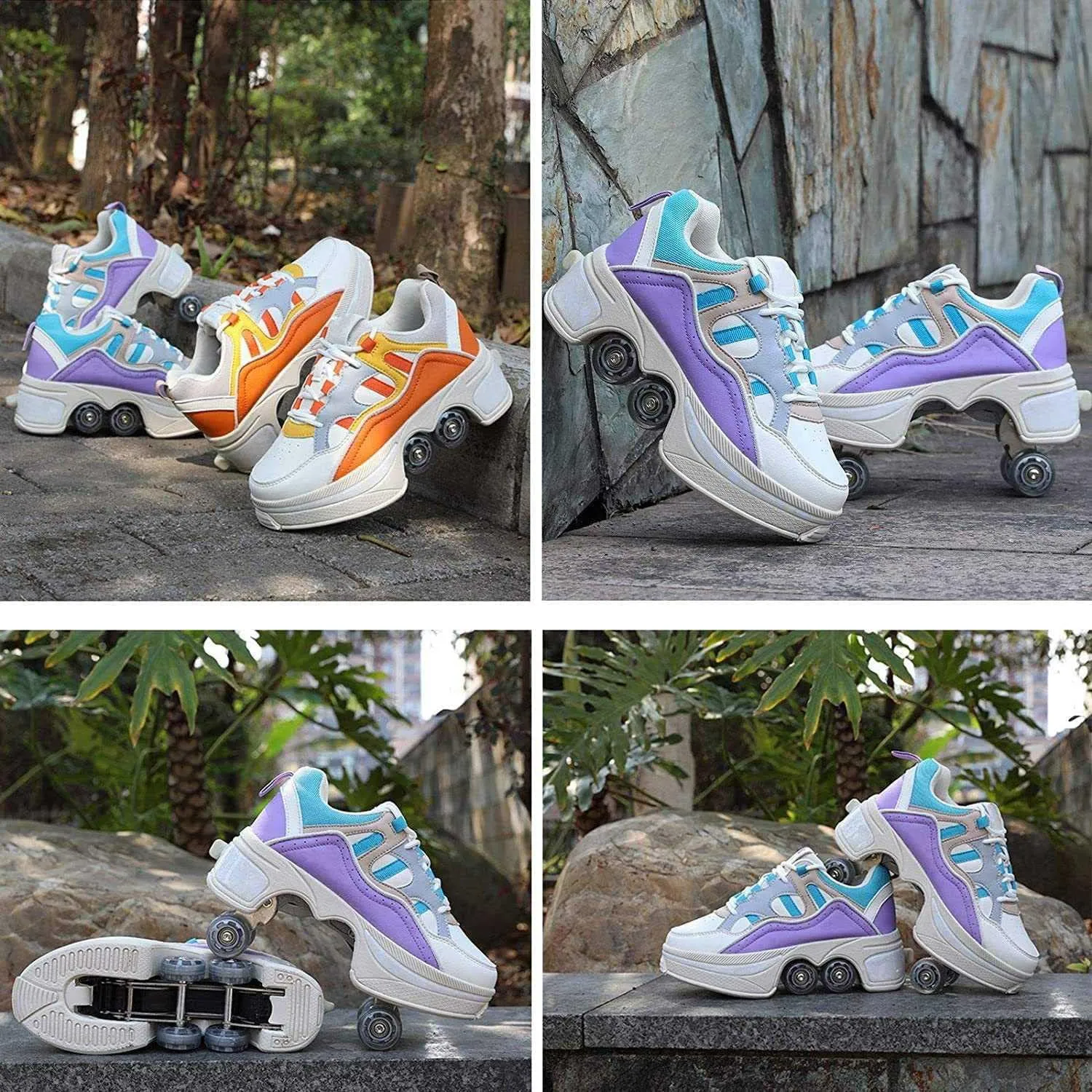 Multifunctional Roller Skates Shoes Automatic Walking Shoes Invisible Pulley Shoes Skates with Double-Row Deform Wheel Outdoor Parkour Shoes for Girls Boys