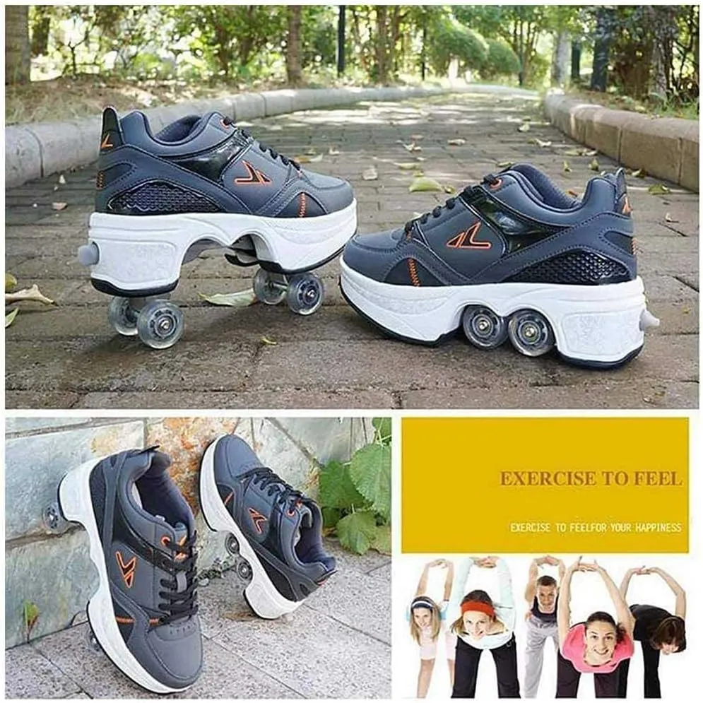 Multifunctional Roller Skates Shoes Automatic Walking Shoes Invisible Pulley Shoes Skates with Double-Row Deform Wheel Outdoor Parkour Shoes for Girls Boys