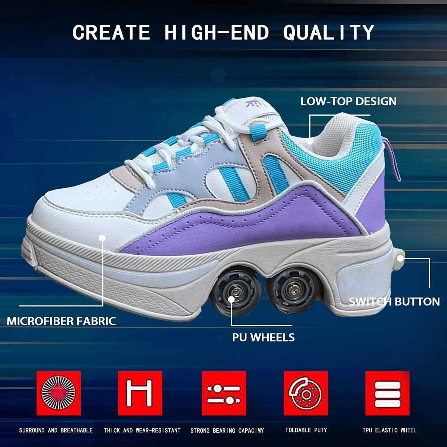 Multifunctional Roller Skates Shoes Automatic Walking Shoes Invisible Pulley Shoes Skates with Double-Row Deform Wheel Outdoor Parkour Shoes for Girls Boys