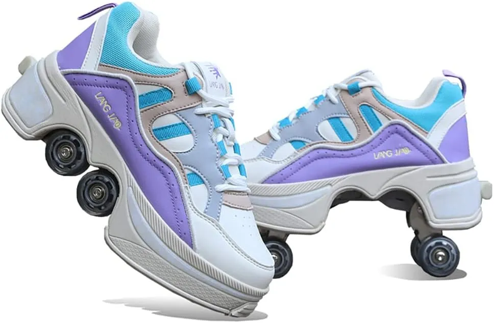 Multifunctional Roller Skates Shoes Automatic Walking Shoes Invisible Pulley Shoes Skates with Double-Row Deform Wheel Outdoor Parkour Shoes for Girls Boys