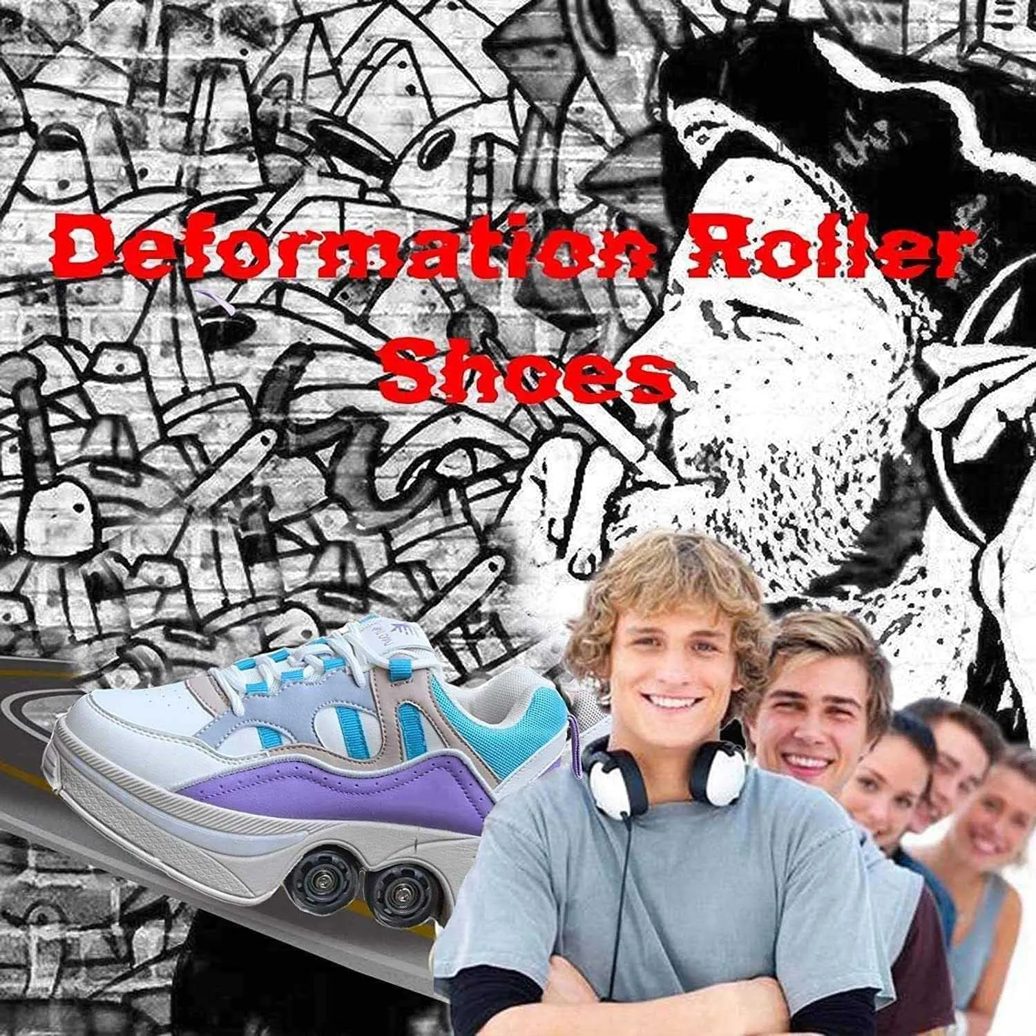 Multifunctional Roller Skates Shoes Automatic Walking Shoes Invisible Pulley Shoes Skates with Double-Row Deform Wheel Outdoor Parkour Shoes for Girls Boys