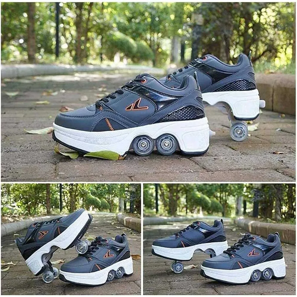 Multifunctional Roller Skates Shoes Automatic Walking Shoes Invisible Pulley Shoes Skates with Double-Row Deform Wheel Outdoor Parkour Shoes for Girls Boys