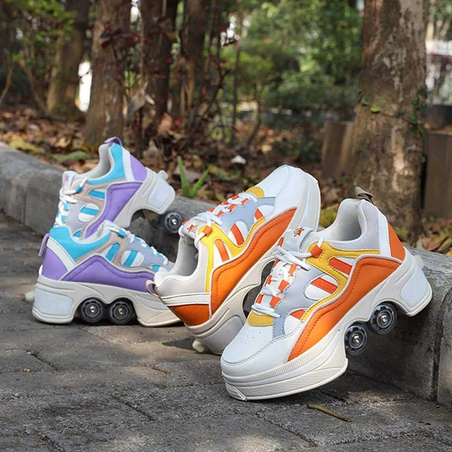 Multifunctional Roller Skates Shoes Automatic Walking Shoes Invisible Pulley Shoes Skates with Double-Row Deform Wheel Outdoor Parkour Shoes for Girls Boys