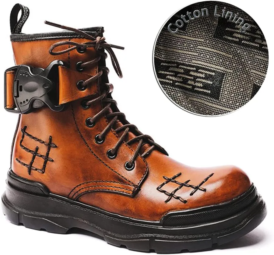 Outdoor Tactical Military Combat Ankle Boots, Men's Vintage Leather Lace-Up Water Resistant Bootie, Punk Fashion Hiking Shoes