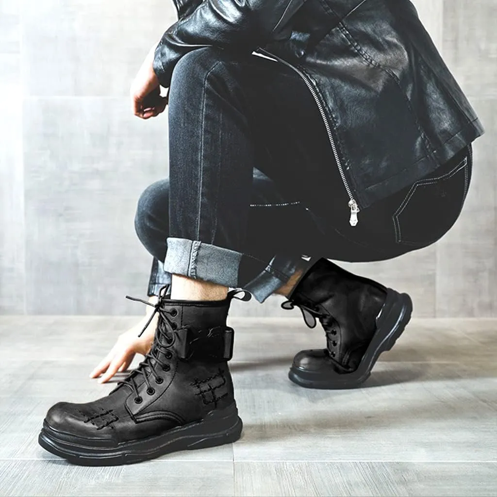 Outdoor Tactical Military Combat Ankle Boots, Men's Vintage Leather Lace-Up Water Resistant Bootie, Punk Fashion Hiking Shoes