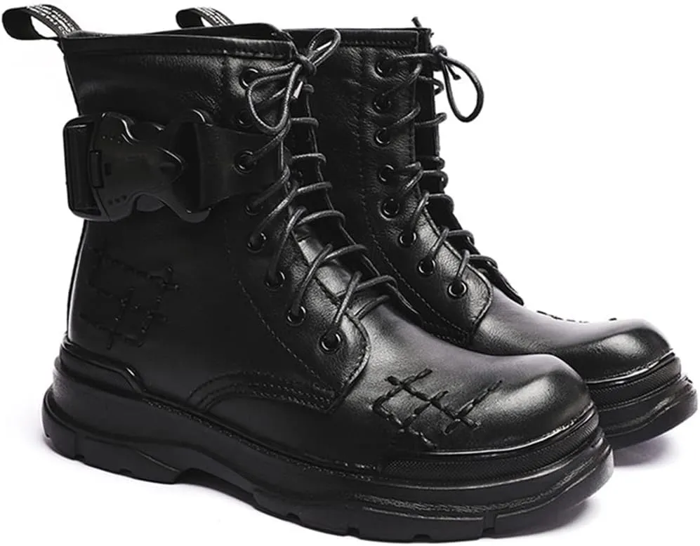 Outdoor Tactical Military Combat Ankle Boots, Men's Vintage Leather Lace-Up Water Resistant Bootie, Punk Fashion Hiking Shoes