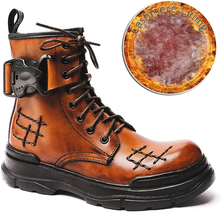 Outdoor Tactical Military Combat Ankle Boots, Men's Vintage Leather Lace-Up Water Resistant Bootie, Punk Fashion Hiking Shoes