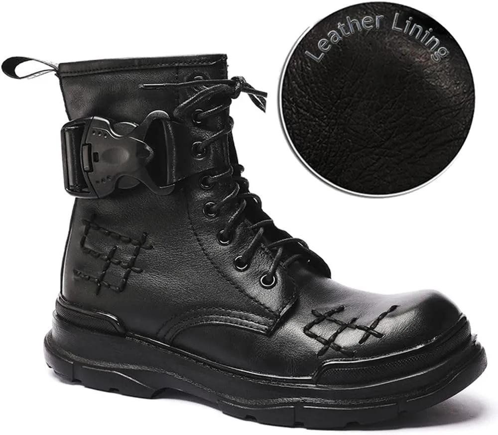 Outdoor Tactical Military Combat Ankle Boots, Men's Vintage Leather Lace-Up Water Resistant Bootie, Punk Fashion Hiking Shoes