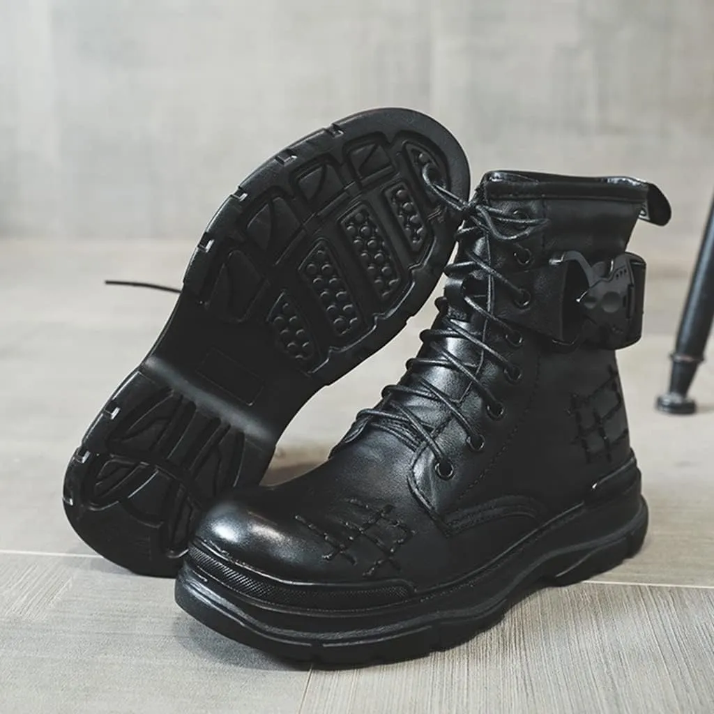 Outdoor Tactical Military Combat Ankle Boots, Men's Vintage Leather Lace-Up Water Resistant Bootie, Punk Fashion Hiking Shoes