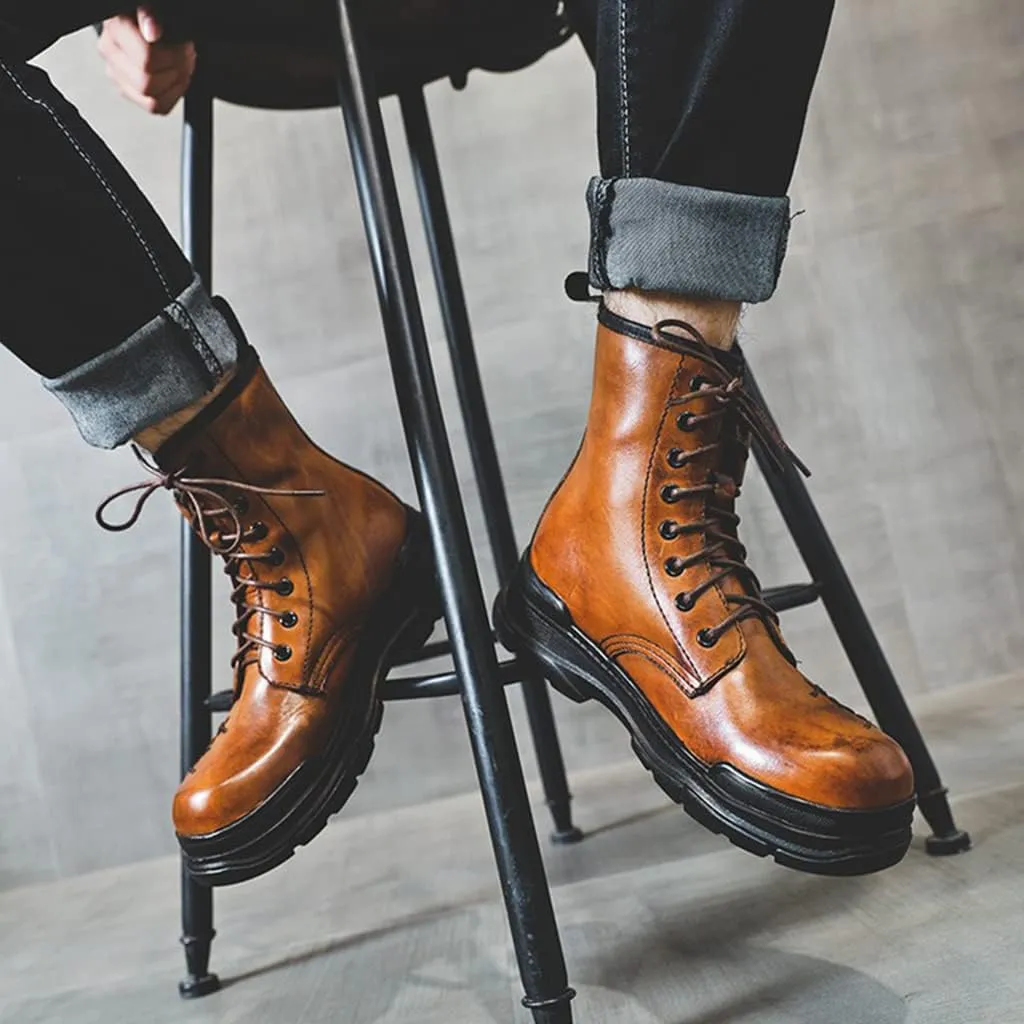 Outdoor Tactical Military Combat Ankle Boots, Men's Vintage Leather Lace-Up Water Resistant Bootie, Punk Fashion Hiking Shoes