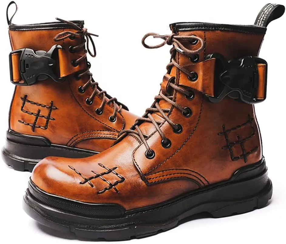 Outdoor Tactical Military Combat Ankle Boots, Men's Vintage Leather Lace-Up Water Resistant Bootie, Punk Fashion Hiking Shoes