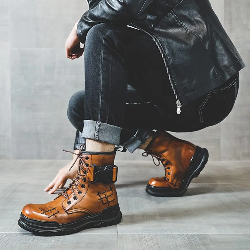 Outdoor Tactical Military Combat Ankle Boots, Men's Vintage Leather Lace-Up Water Resistant Bootie, Punk Fashion Hiking Shoes