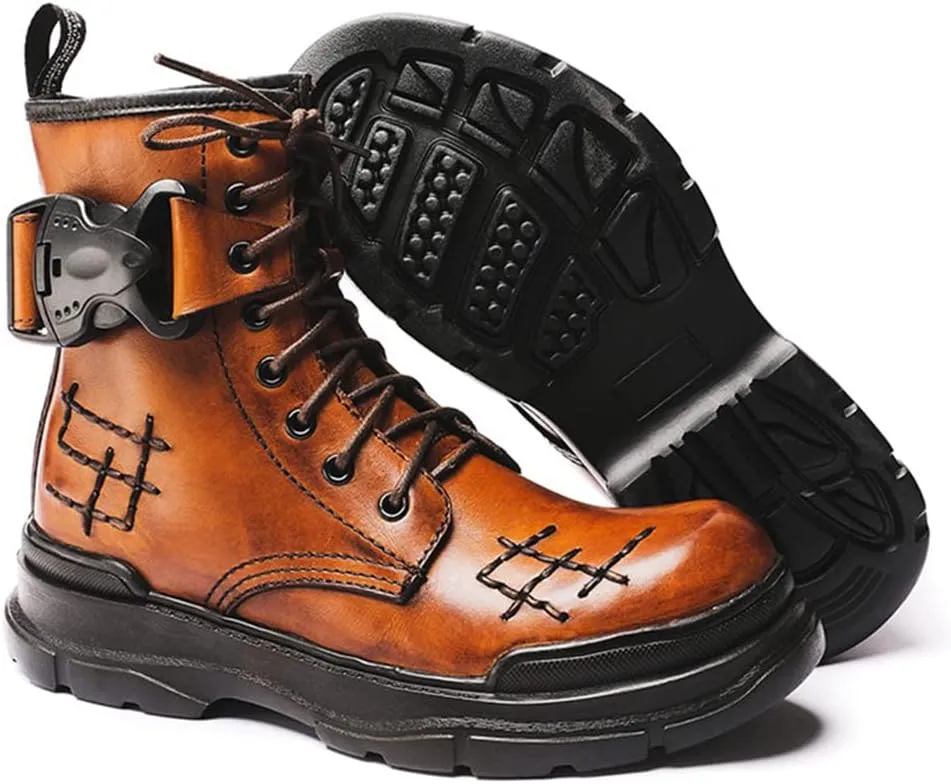 Outdoor Tactical Military Combat Ankle Boots, Men's Vintage Leather Lace-Up Water Resistant Bootie, Punk Fashion Hiking Shoes