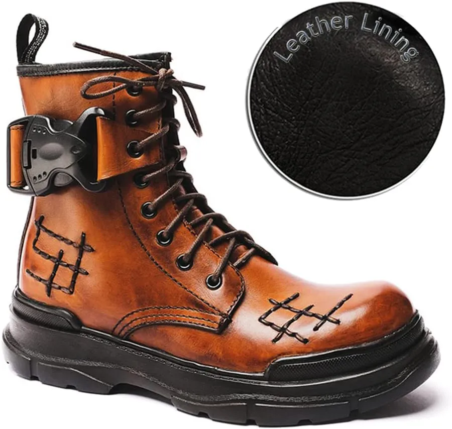 Outdoor Tactical Military Combat Ankle Boots, Men's Vintage Leather Lace-Up Water Resistant Bootie, Punk Fashion Hiking Shoes