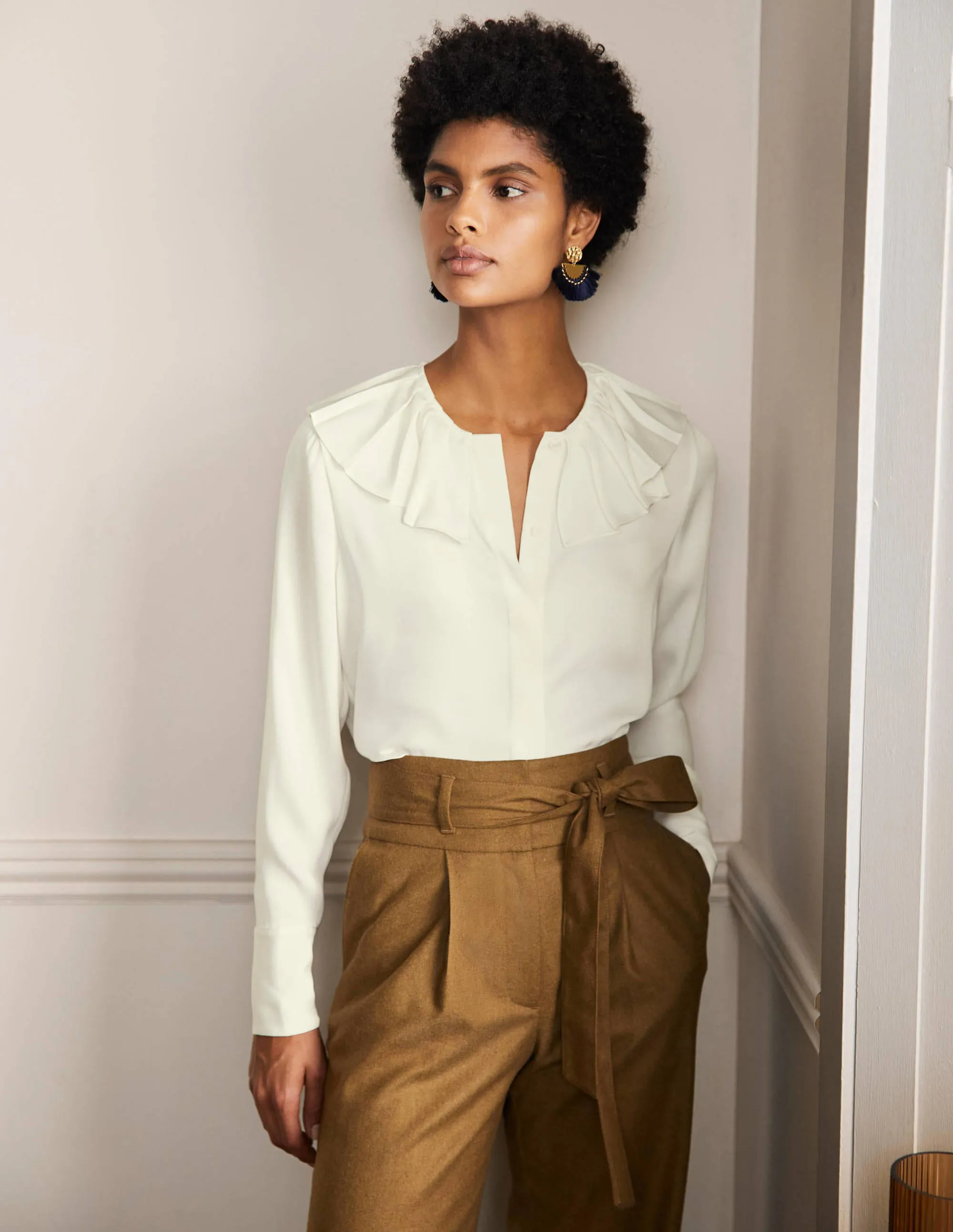 Pleated Collar Boxy Top-Ivory