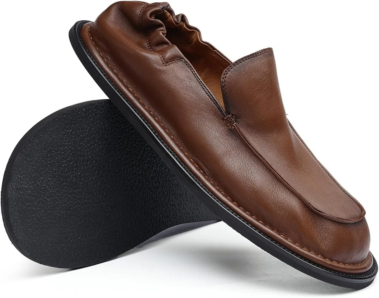 Santimon Mens Soft Leather Slip-On Loafers  Elastic Back Ultra-Flexible Dress Shoes, Lightweight Business Casual Moc Shoes for Travel, Work & Daily Comfort