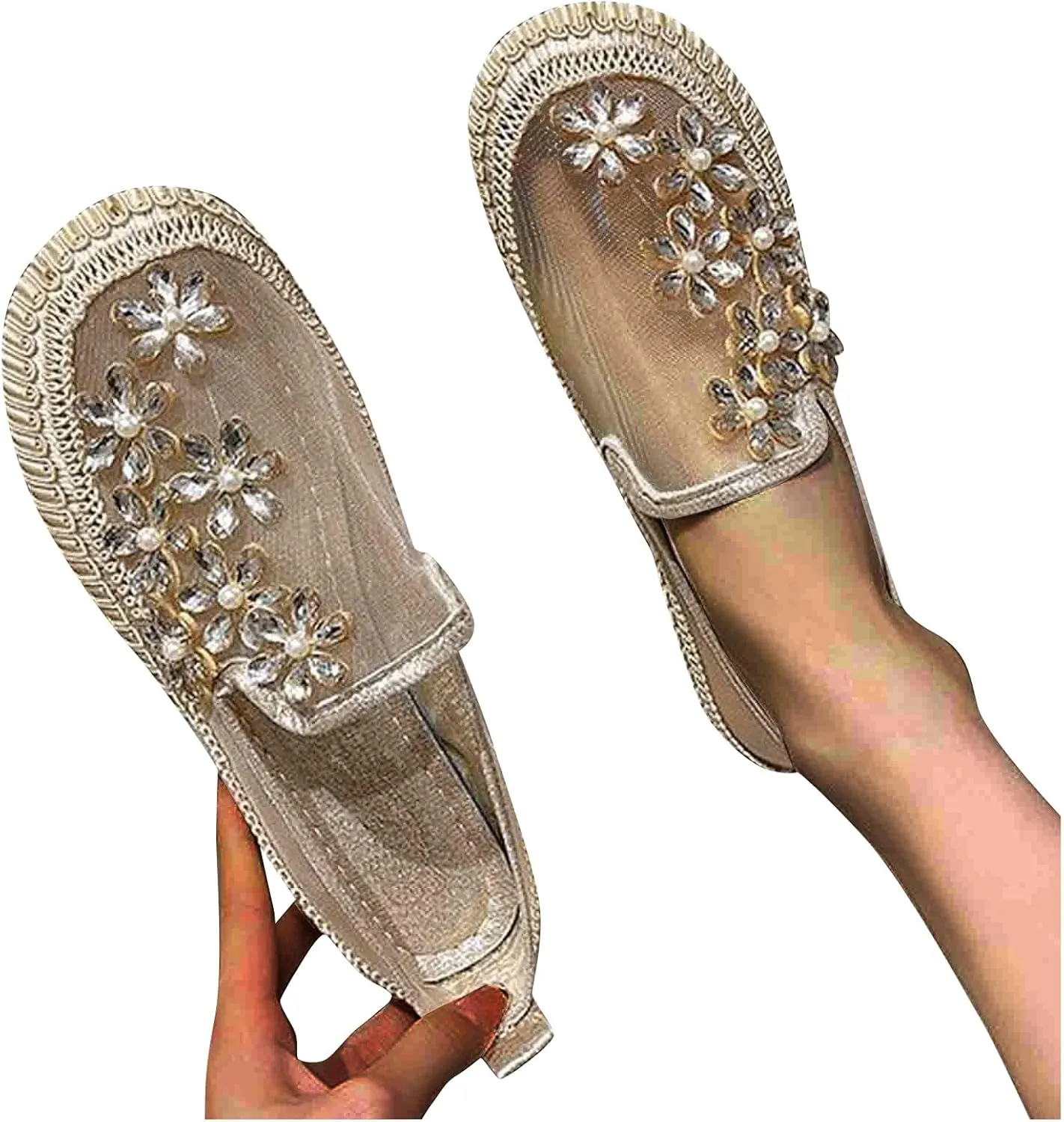 SuanlaTDS Fashion Women's with Rhinestone Flat Net Shoes Casual Summer Women's Casual Shoes Casual Closed Toe Shoes for Women (Gold, 8.5)