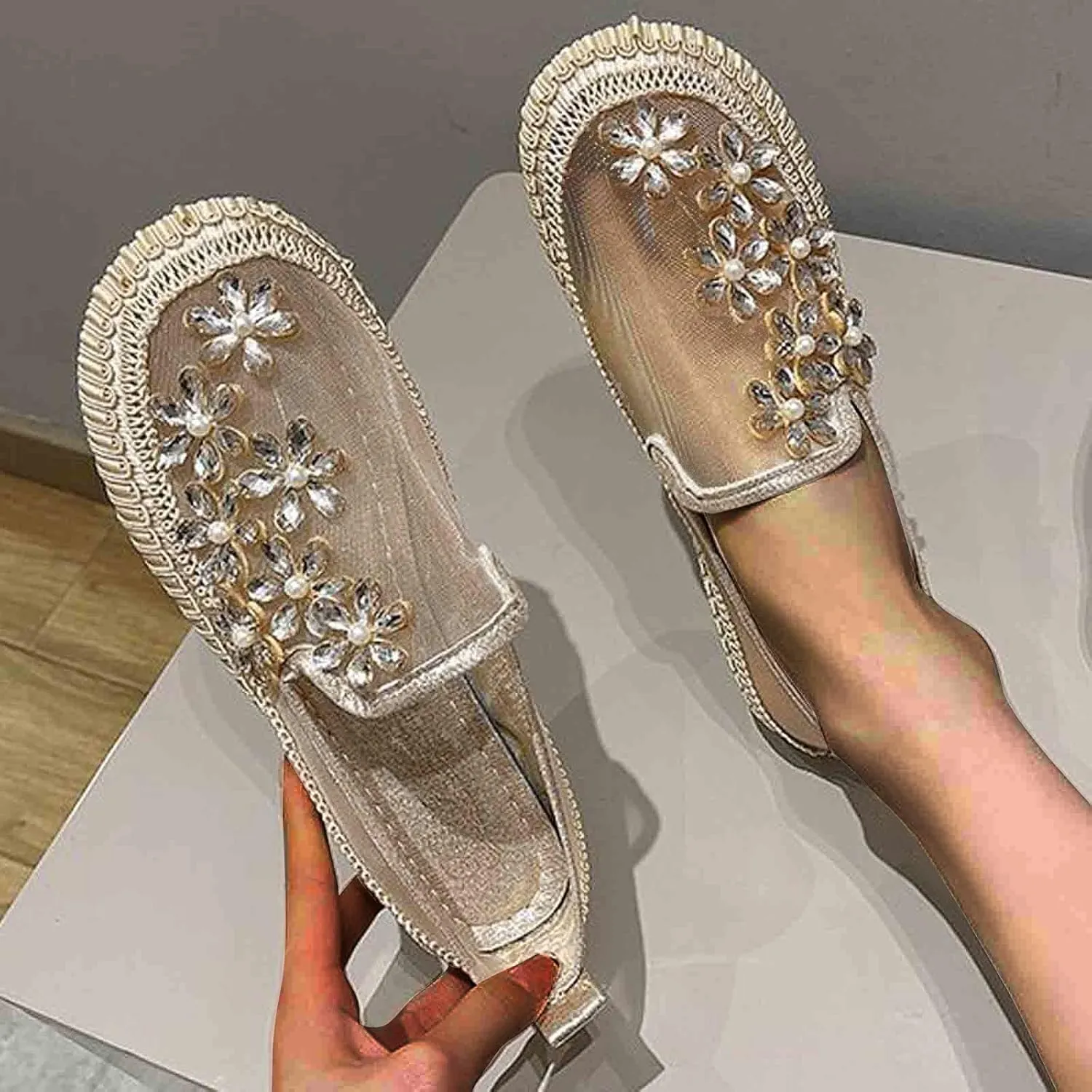 SuanlaTDS Fashion Women's with Rhinestone Flat Net Shoes Casual Summer Women's Casual Shoes Casual Closed Toe Shoes for Women (Gold, 8.5)