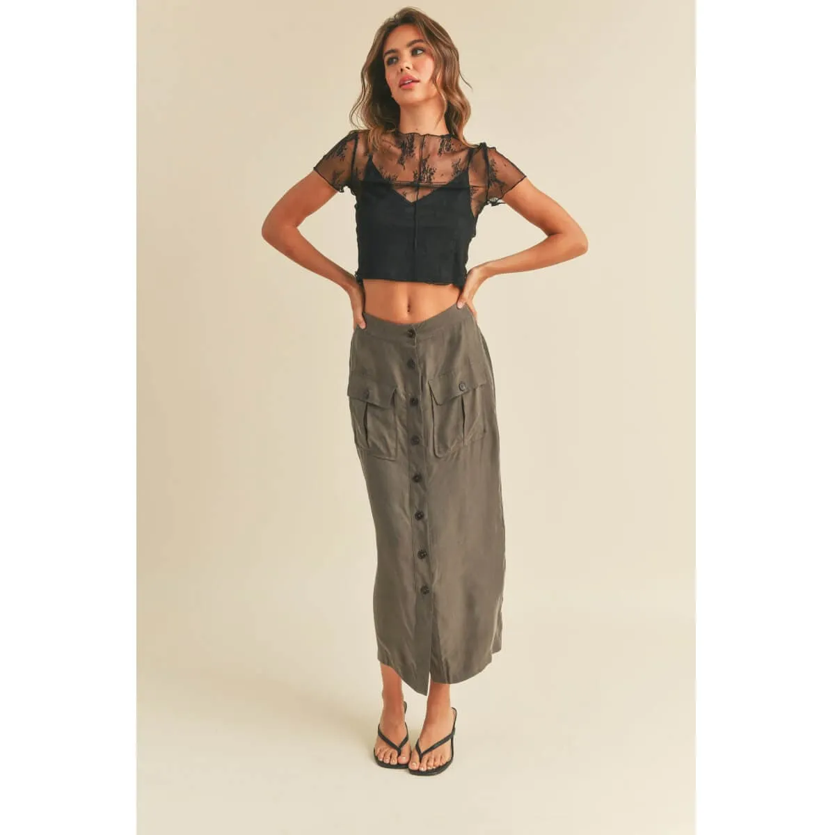 Suede Button-Down Cargo Skirt